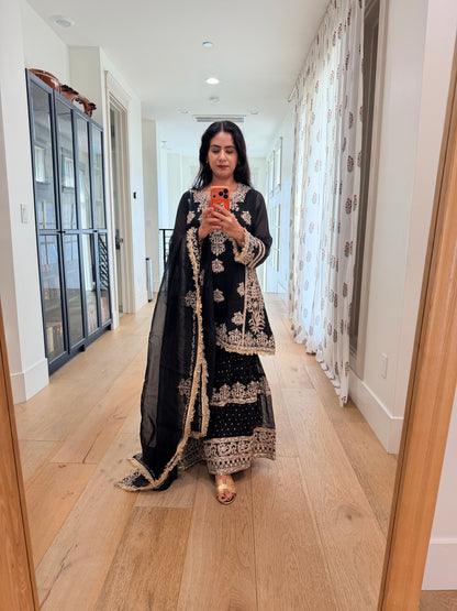 Black georgette Sharara 3 piece set.