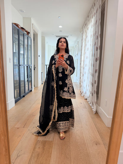 Black georgette Sharara 3 piece set.