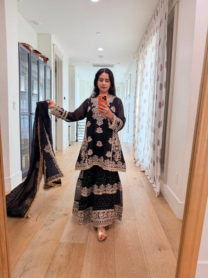 Black georgette Sharara 3 piece set.