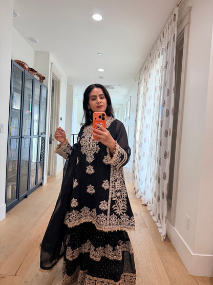 Black georgette Sharara 3 piece set.