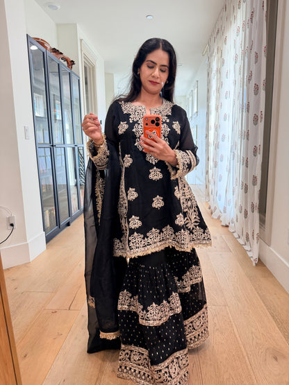 Black georgette Sharara 3 piece set.