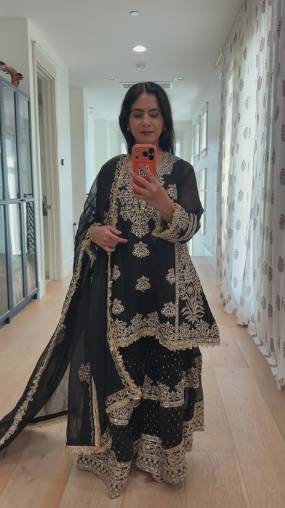 Black georgette Sharara 3 piece set.