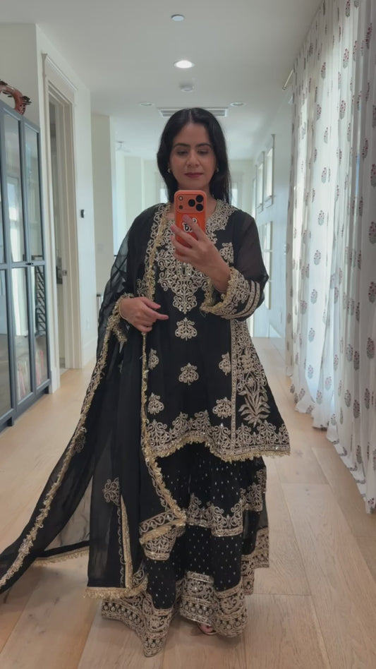 Black georgette Sharara 3 piece set.