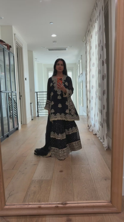 Black georgette Sharara 3 piece set.